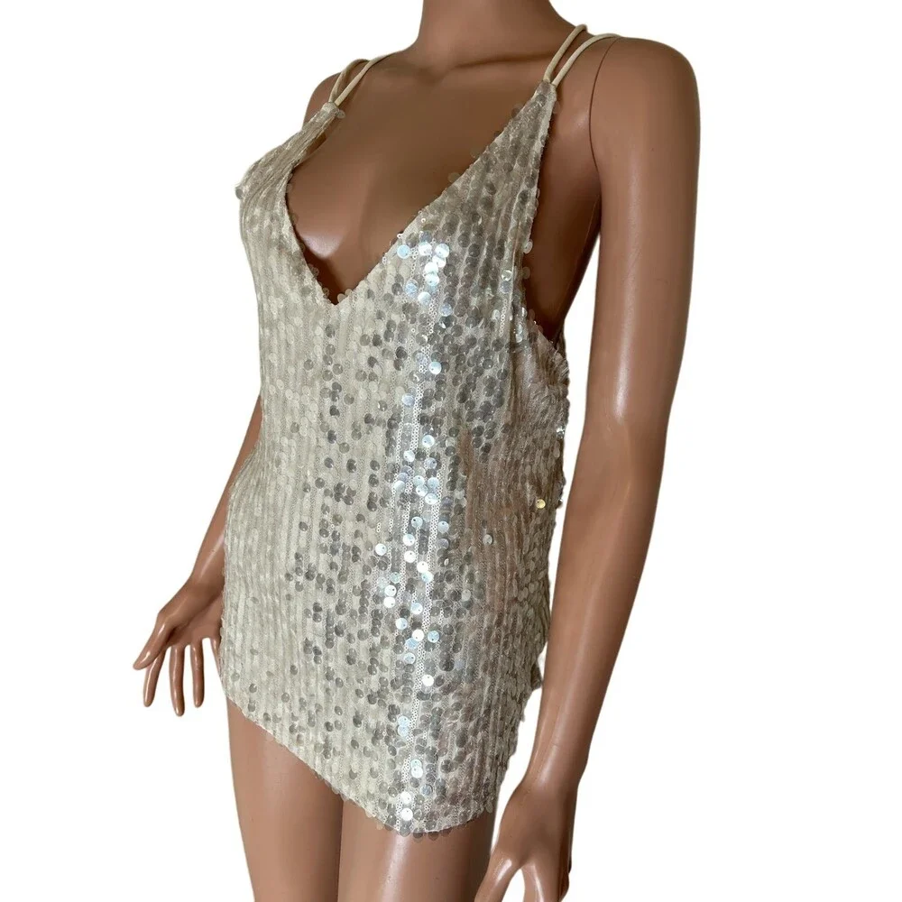 On Two Fifth sparkly sequined top strappy cream/gold shimmer  SZ M sleeveless - Picture 3 of 10